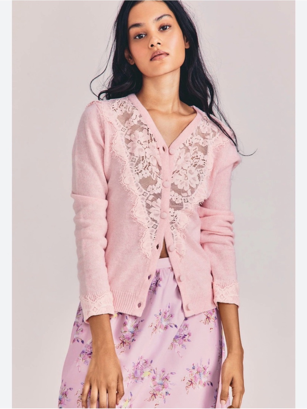 LoveShackFancy Pink Lace V-Neck Cardigan